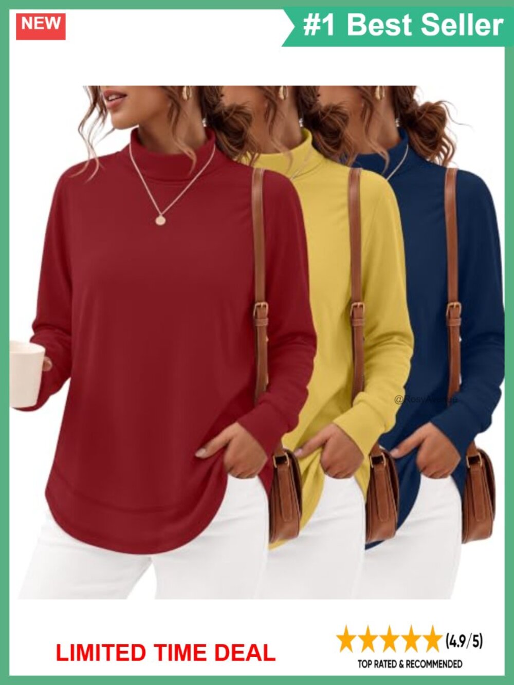 3 Pack Women's Turtleneck Long Sleeve Cotton Sweatshirts Curved Hem Tunic